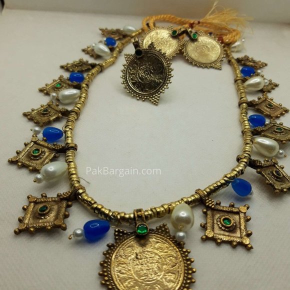 Afghan Tribal Vintage Hasli Pearls Choker Necklace With Coins Earrings and Ring - Picture 11 of 18